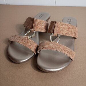 Solanz Embelished Slip Wedge Cork Gold Tone Sparkle Womens 8.5M Sandal Summer